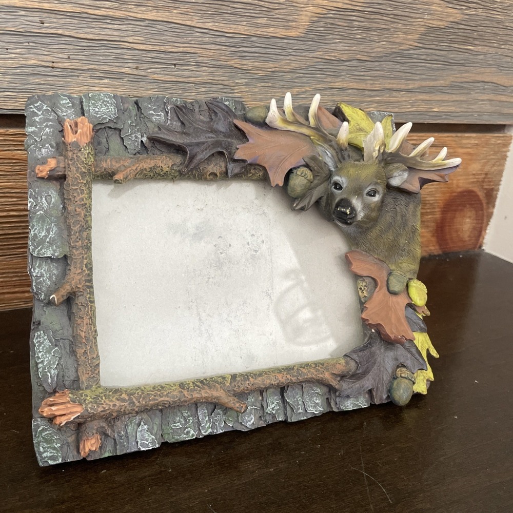 Rustic Cabin Style Photo Frame 3.5" x 5" Buck 3D Free Standing Ceramic Realism